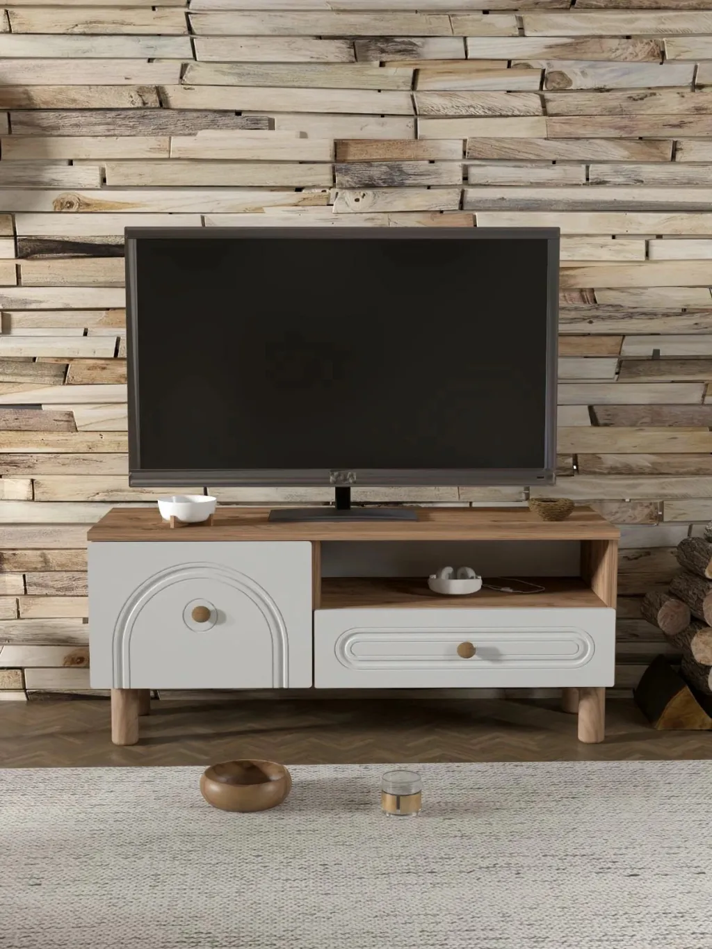 Komodë TV, Skye Decor, Serenta 105, ngjyrë Atlantic Pine dhe e bardhë - 2