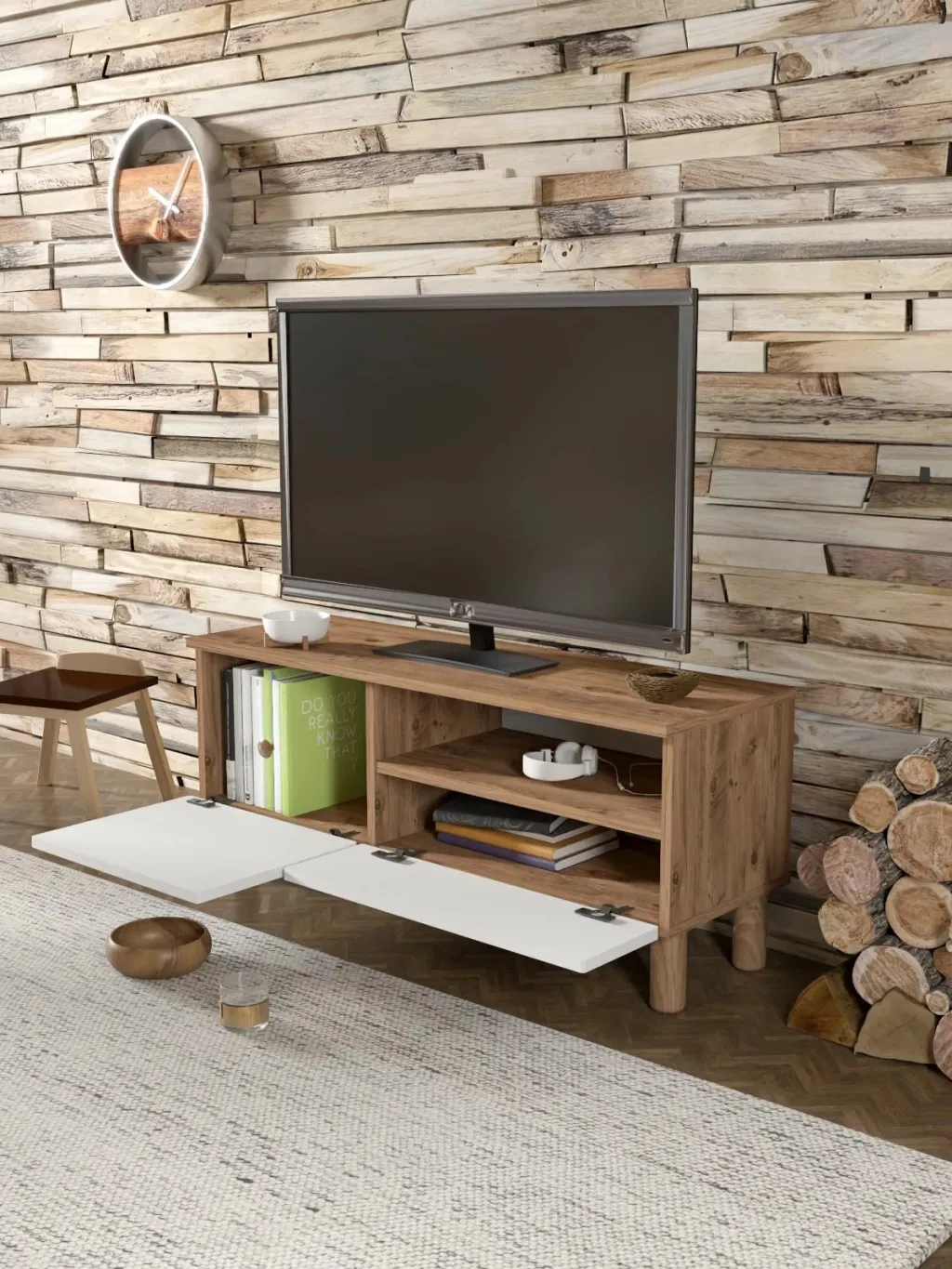 Komodë TV, Skye Decor, Serenta 105, ngjyrë Atlantic Pine dhe e bardhë - 3