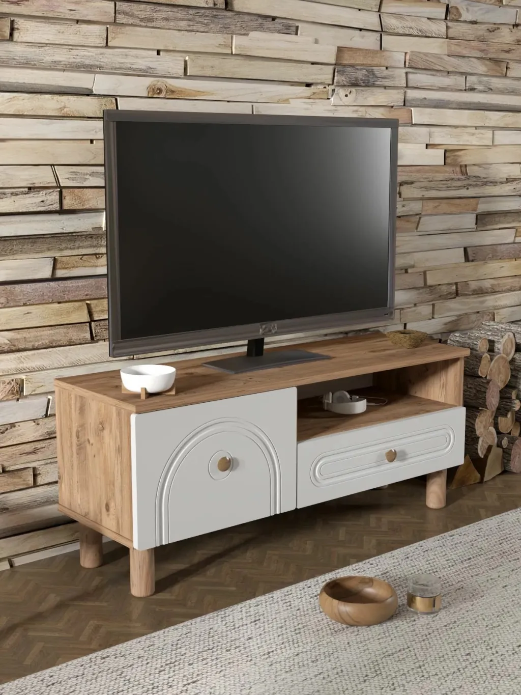 Komodë TV, Skye Decor, Serenta 105, ngjyrë Atlantic Pine dhe e bardhë - 4
