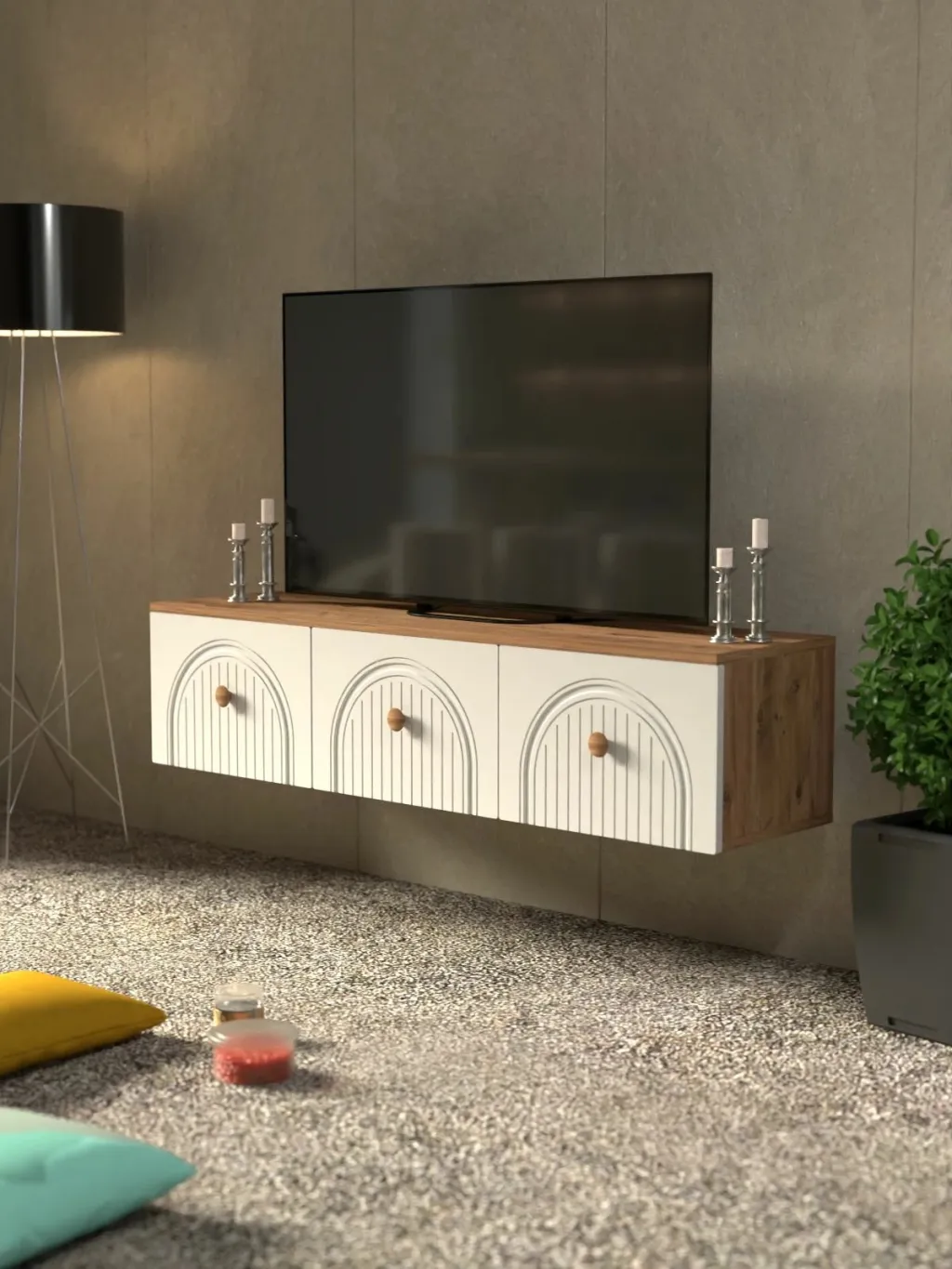 Komodë TV Skye Decor, Lunera 135, ngjyrë Atlantic Pine dhe e bardhë - 1
