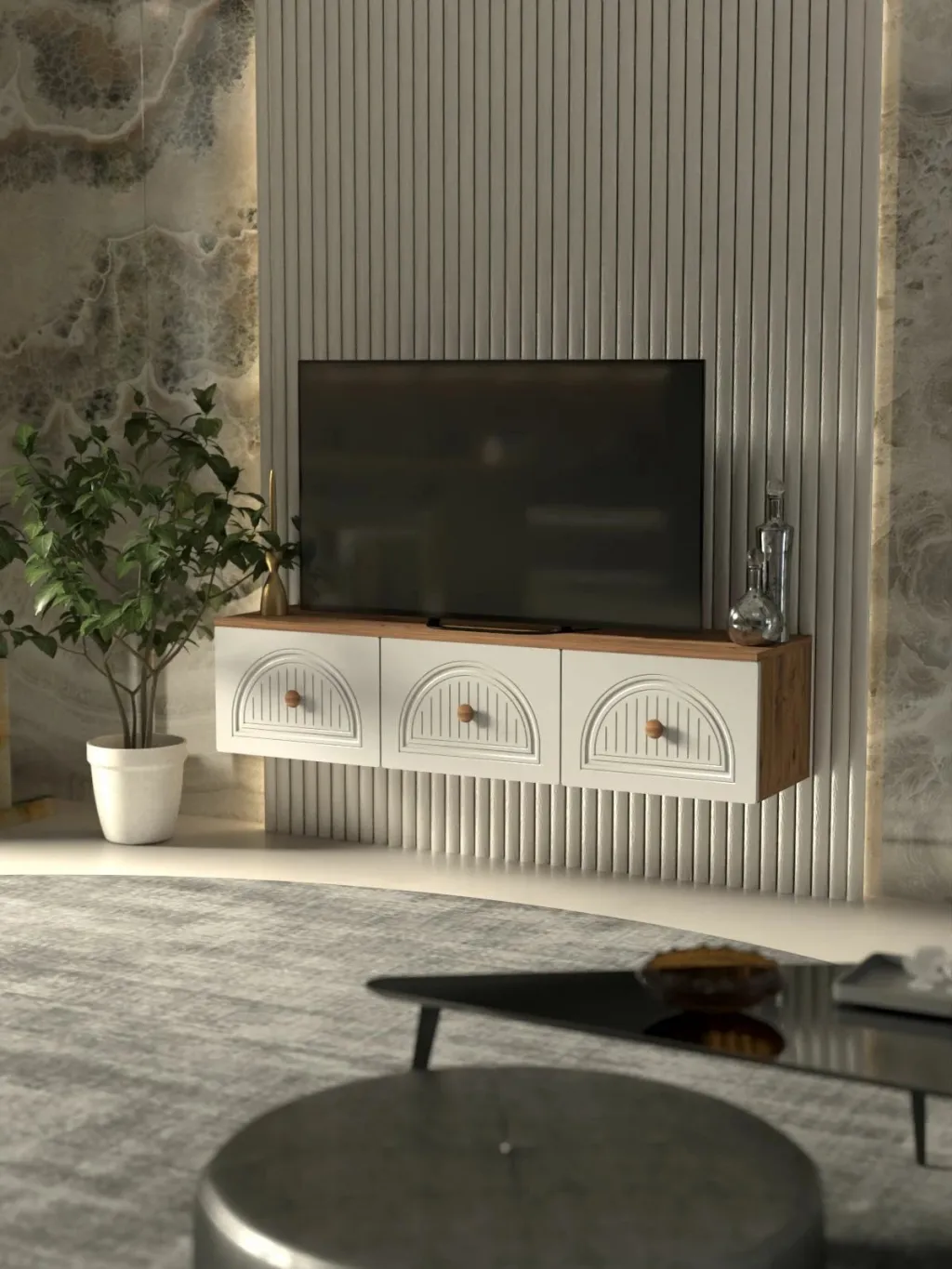 Komodë TV Skye Decor, Modena 135, ngjyrë Atlantic Pine dhe e bardhë - 1