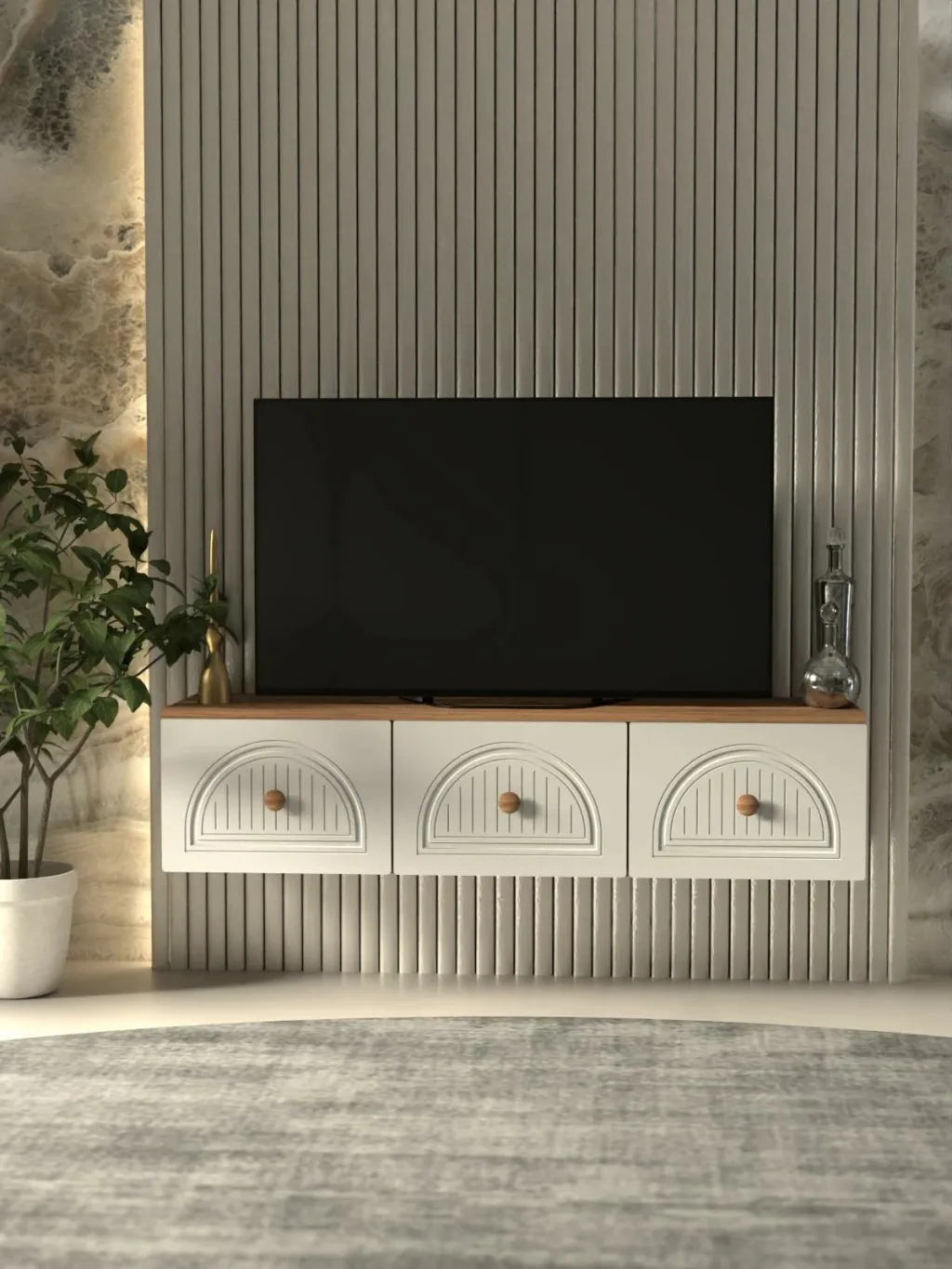 Komodë TV Skye Decor, Modena 135, ngjyrë Atlantic Pine dhe e bardhë - 2