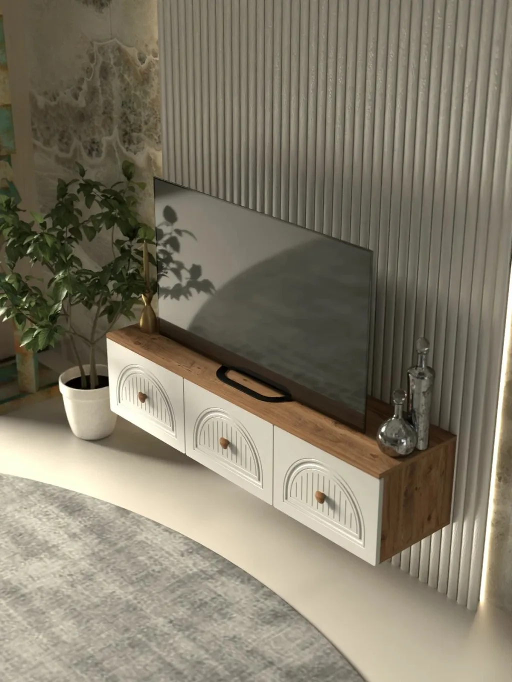 Komodë TV Skye Decor, Modena 135, ngjyrë Atlantic Pine dhe e bardhë - 4