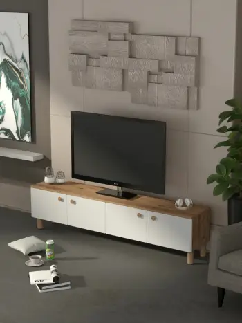 Komodë TV Skye Decor, ngjyrë pishë Atlantike dhe e bardhë, Norvella