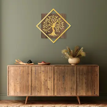 Aksesor dekorativ për mur, dru dhe metal, pemë, ngjyrë arre dhe ari, Wallity, 54x54cm