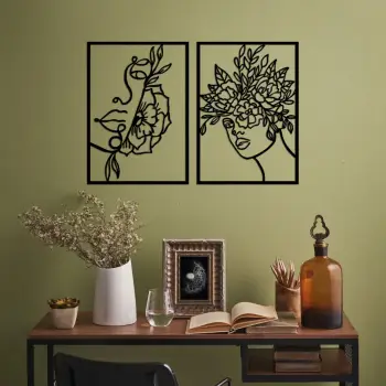 Aksesor dekorativ metalik për mur, Wallity, grua me lule, 2 copë, 50x70cm, ngjyrë e zezë