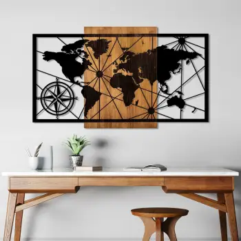 Aksesor dekorativ muri prej druri, hartë bote, Wallity, ngjyrë arre dhe e zezë, 70x120cm