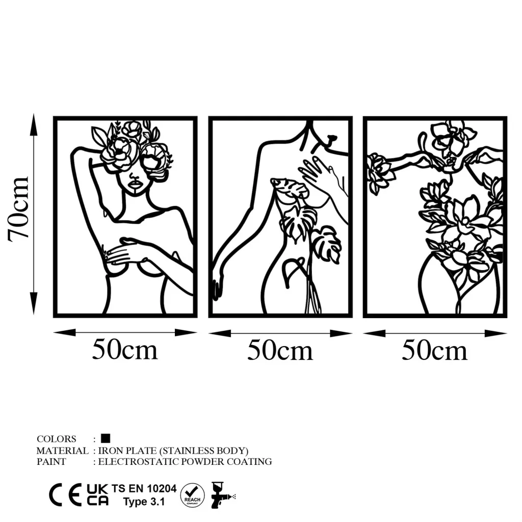 Aksesor dekorativ metalik për mur, Wallity, gra nudo, 3 pjesë - 6