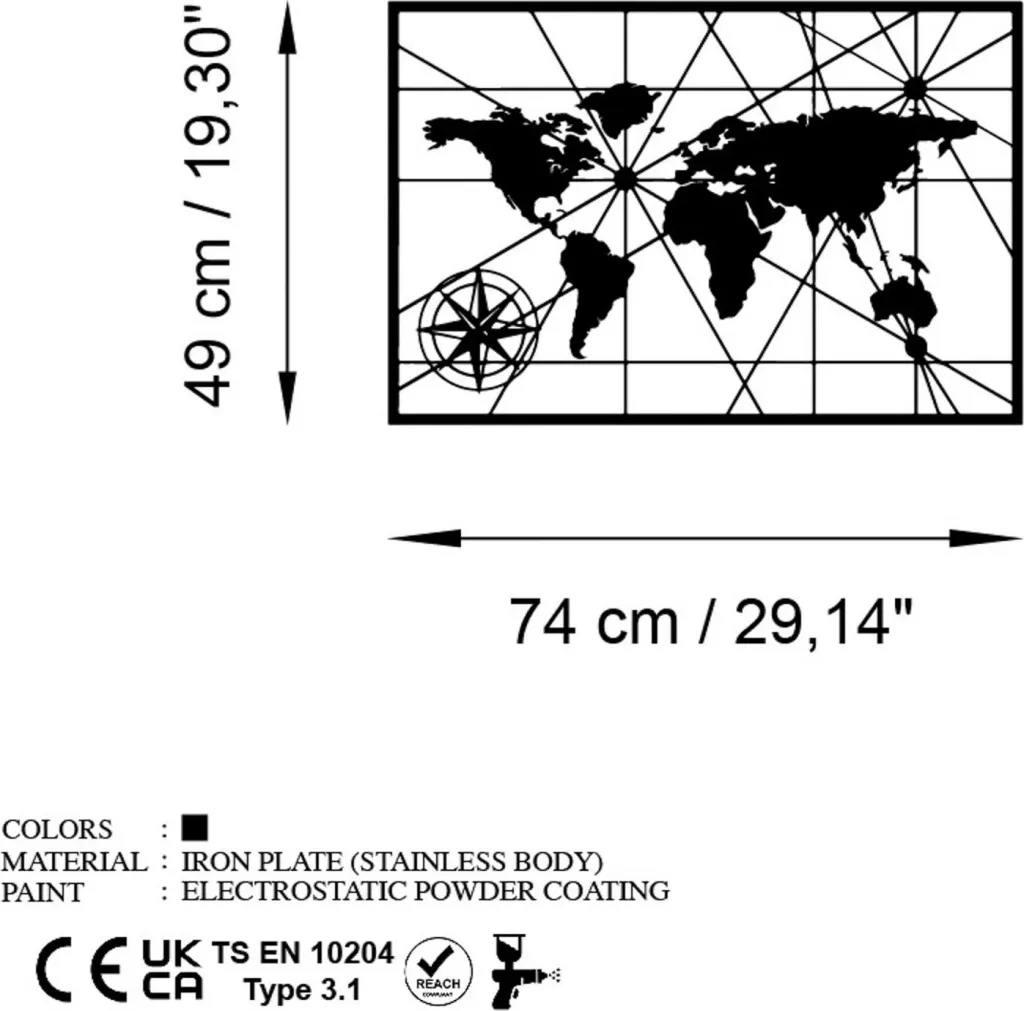 Aksesor dekorativ metalik për mur, hartë bote, Wallity, World Map 1 - v2 - 6