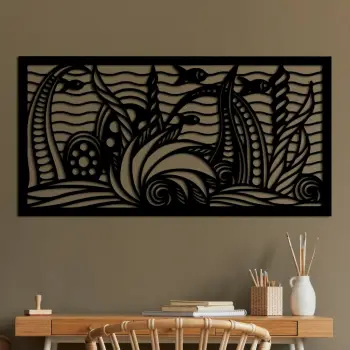 Aksesor dekorativ metalik për mur, Wallity, motiv oqeani, ngjyrë e zezë, 85x40cm