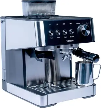 Makinë kafeje portafilter Tornado TCM5431-GS me mulli, për kokrra dhe kafe të bluar, çelik dhe e zezë