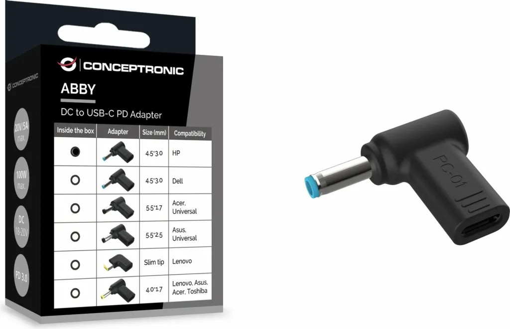 Adaptor energjie Conceptronic ABBY15PC01, DC në USB C, HP 4.5x3.0mm, 18 20V, i zi - 3