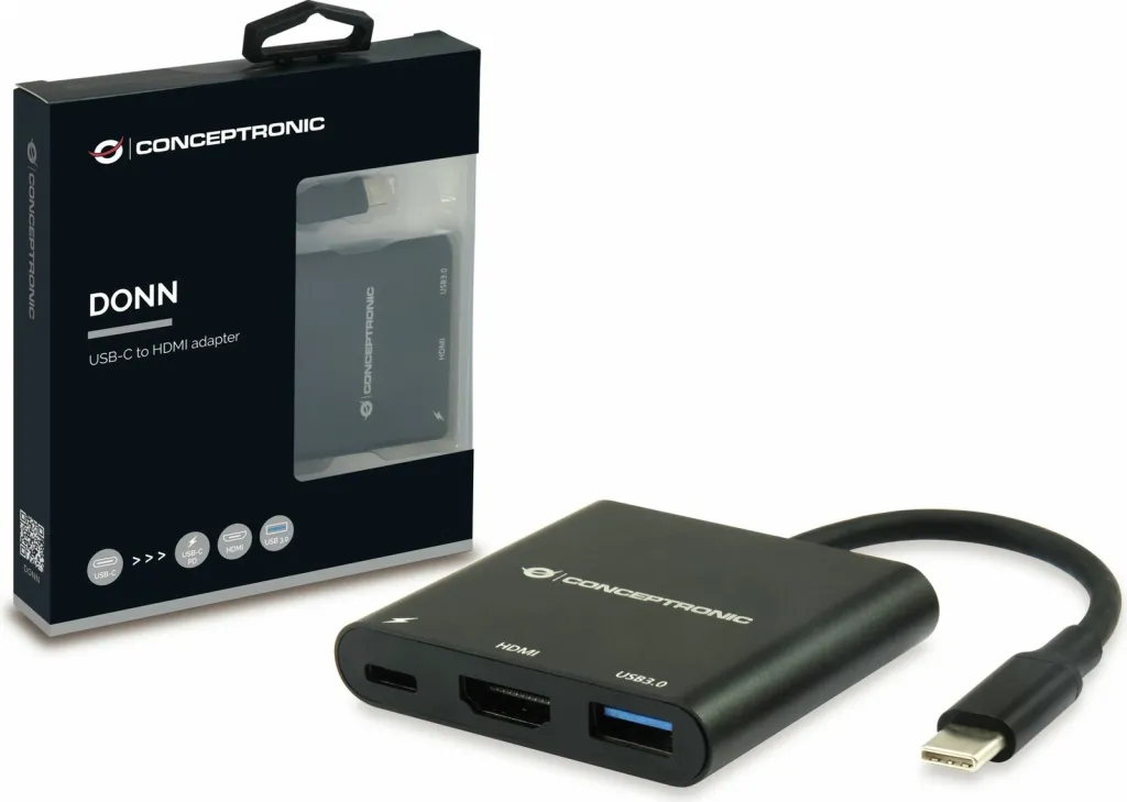 Dock Conceptronic 3-1 USB-C në HDMI/USB-A/60WPD 15cm, zi - 5