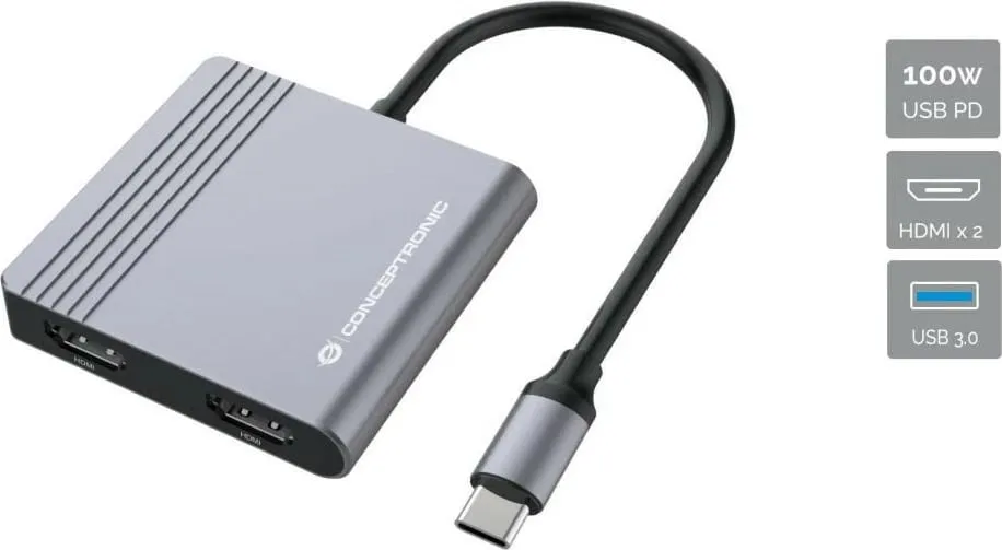 Dock Conceptronic 4-1 USB-C, 2x HDMI, USB 3.0, 100W PD, 25cm, gri - 1