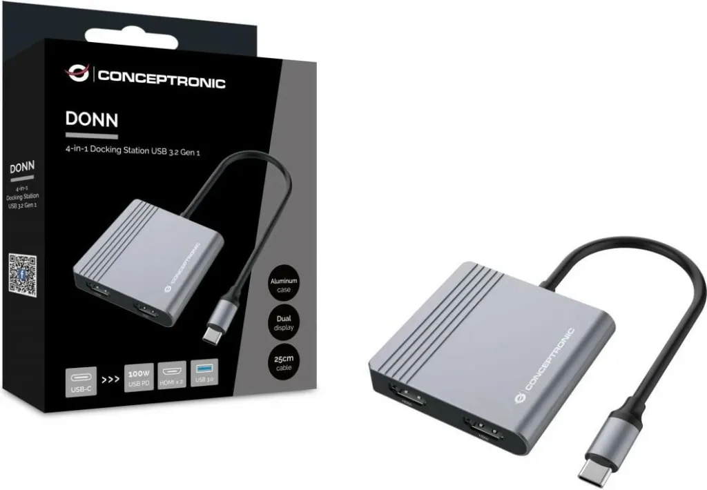 Dock Conceptronic 4-1 USB-C, 2x HDMI, USB 3.0, 100W PD, 25cm, gri - 4