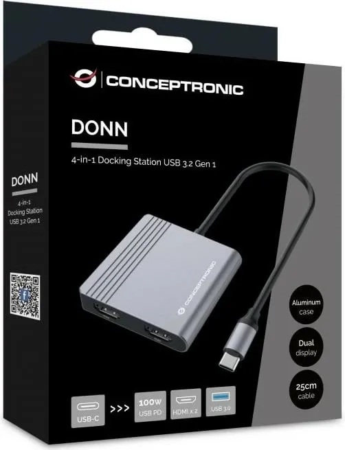 Dock Conceptronic 4-1 USB-C, 2x HDMI, USB 3.0, 100W PD, 25cm, gri - 5