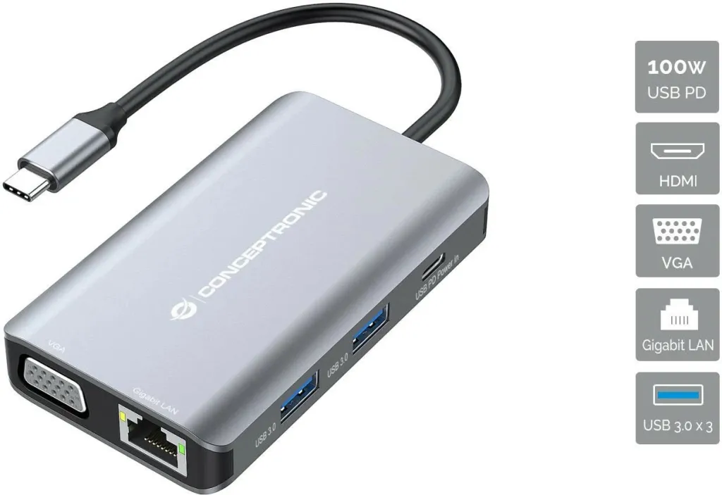 Docking station Conceptronic 7-1 USB-C HDMI VGA 3xUSB-A 25cm gri - 1
