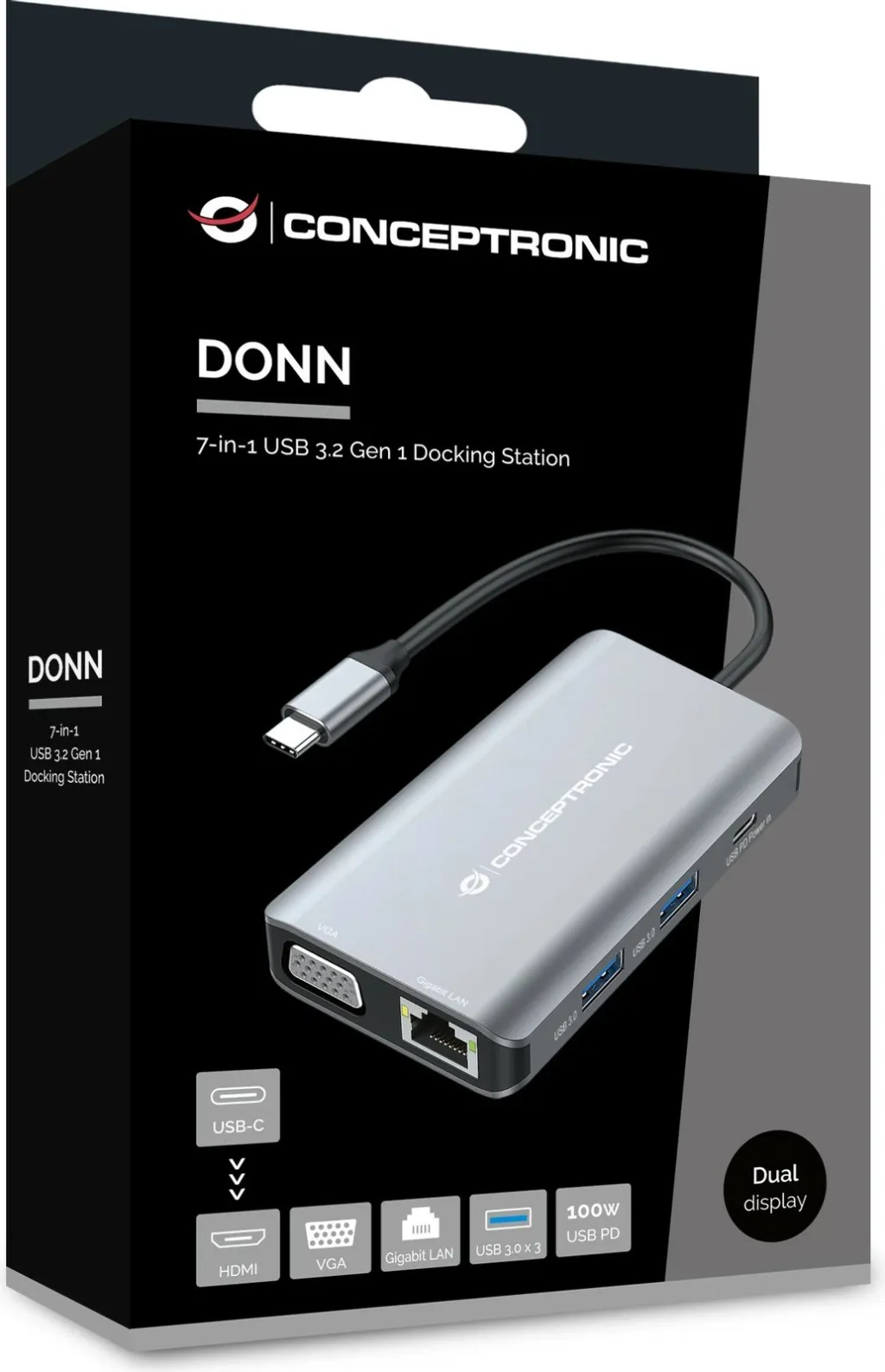 Docking station Conceptronic 7-1 USB-C HDMI VGA 3xUSB-A 25cm gri - 5