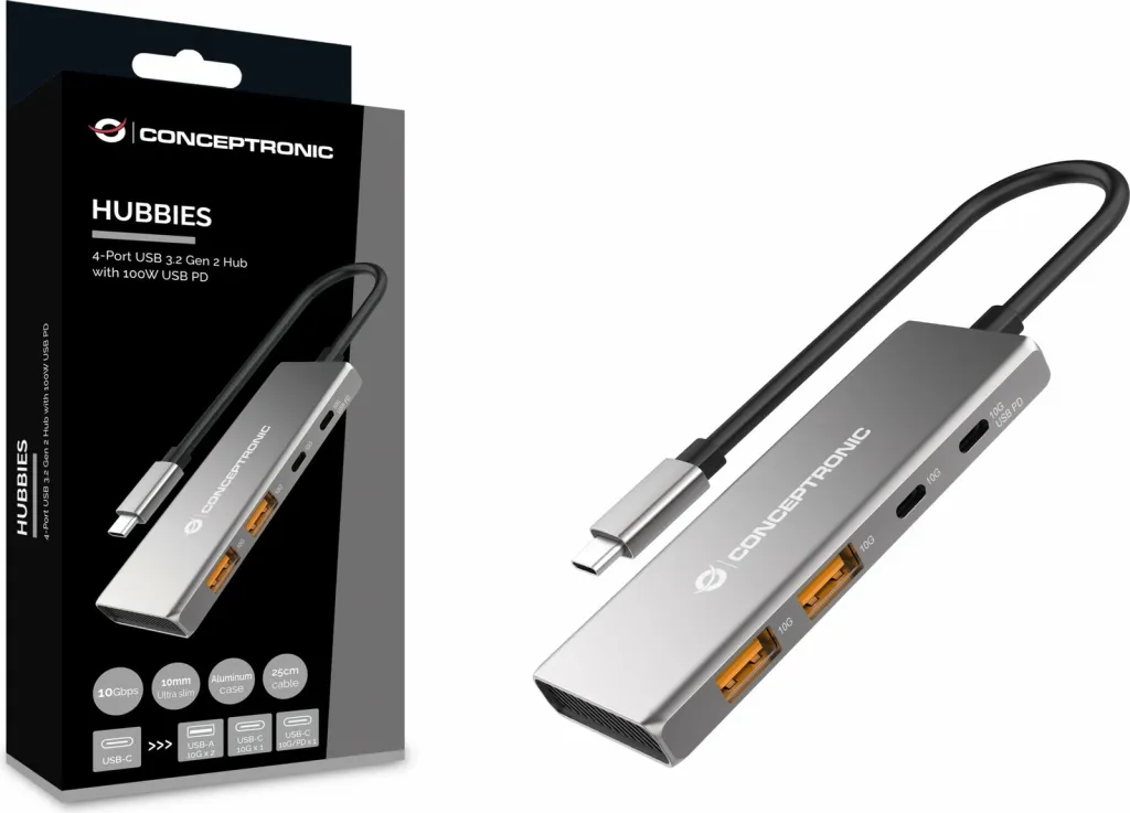Dock USB-C Conceptronic 4-1, 2xUSB-C, 2xUSB-A, 100WPD, 25cm, gri - 2