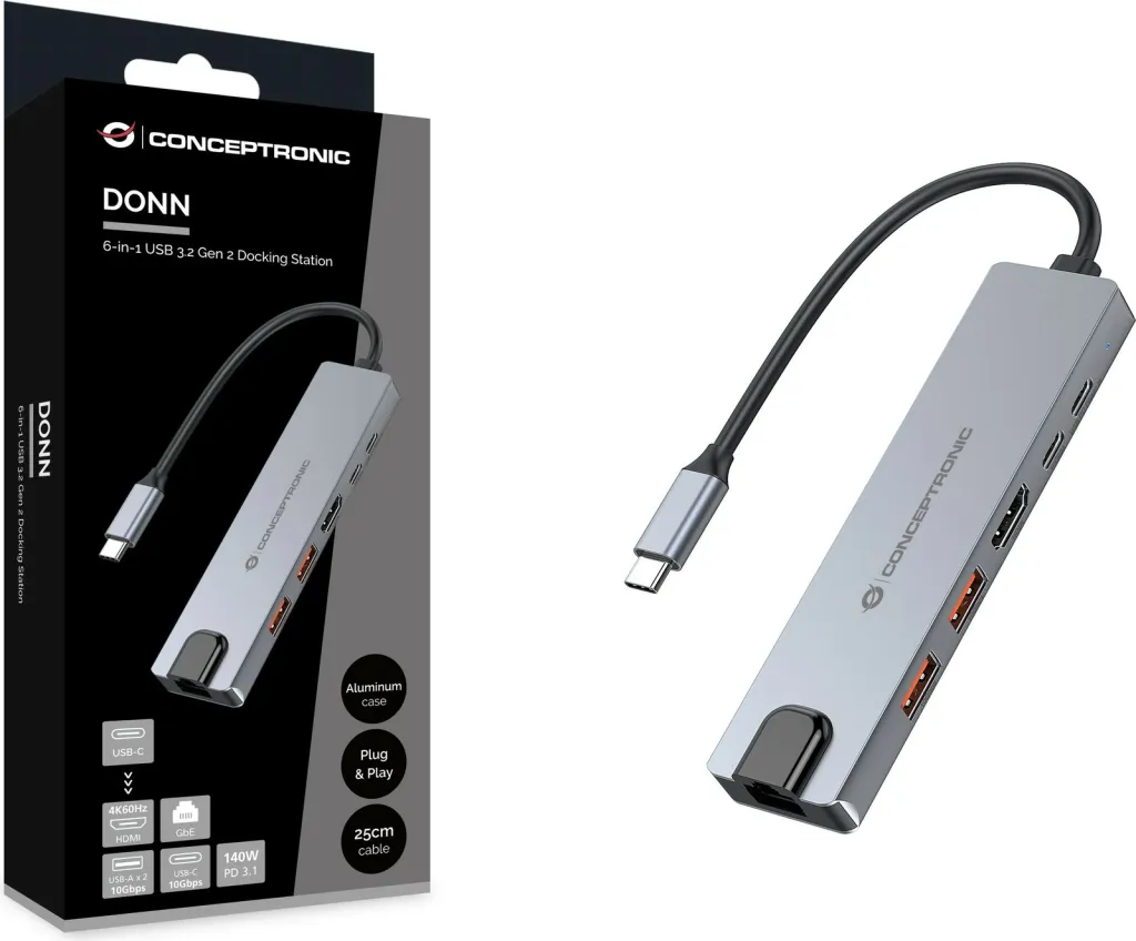Dock USB-C Conceptronic 6-në-1, HDMI, 2xUSB-A, USB-C, 25cm, gri - 3