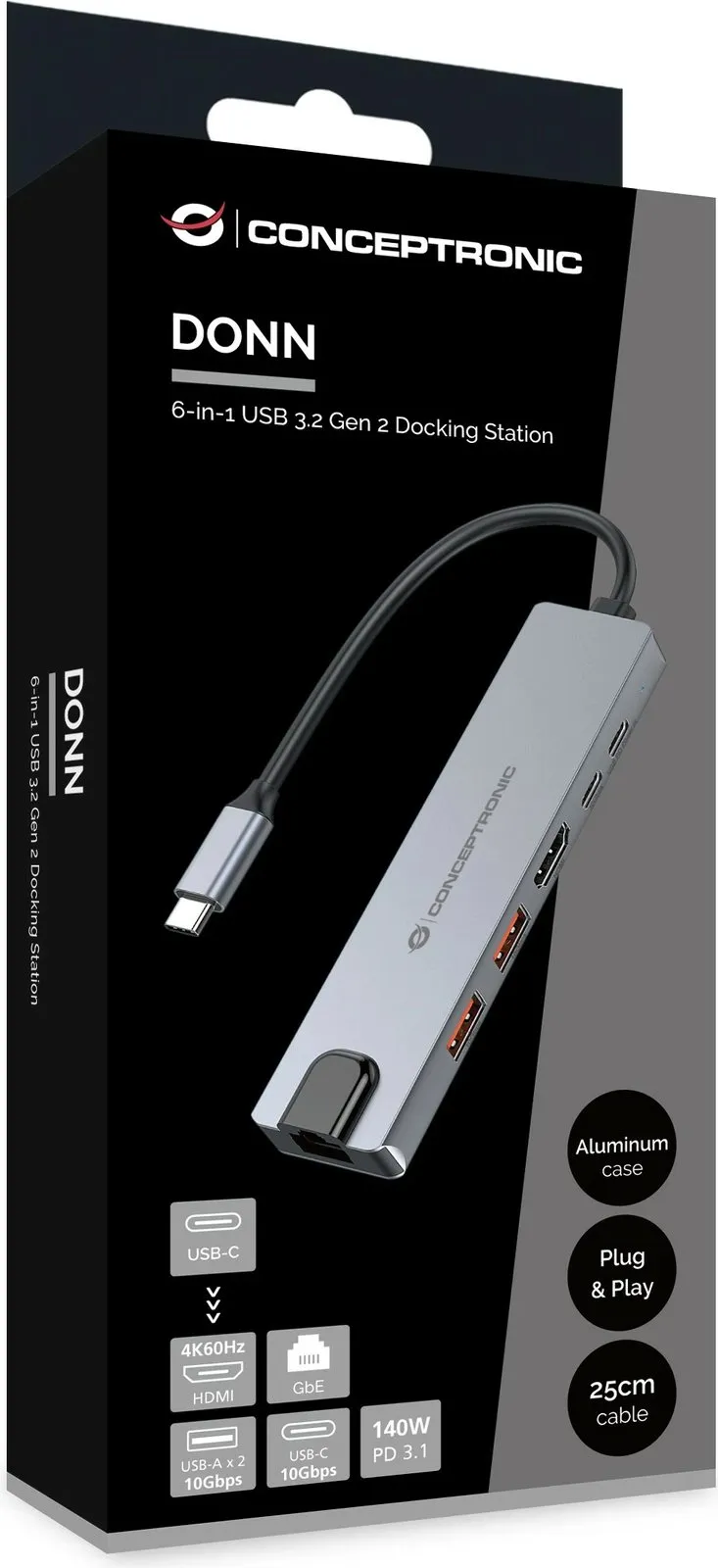 Dock USB-C Conceptronic 6-në-1, HDMI, 2xUSB-A, USB-C, 25cm, gri - 4