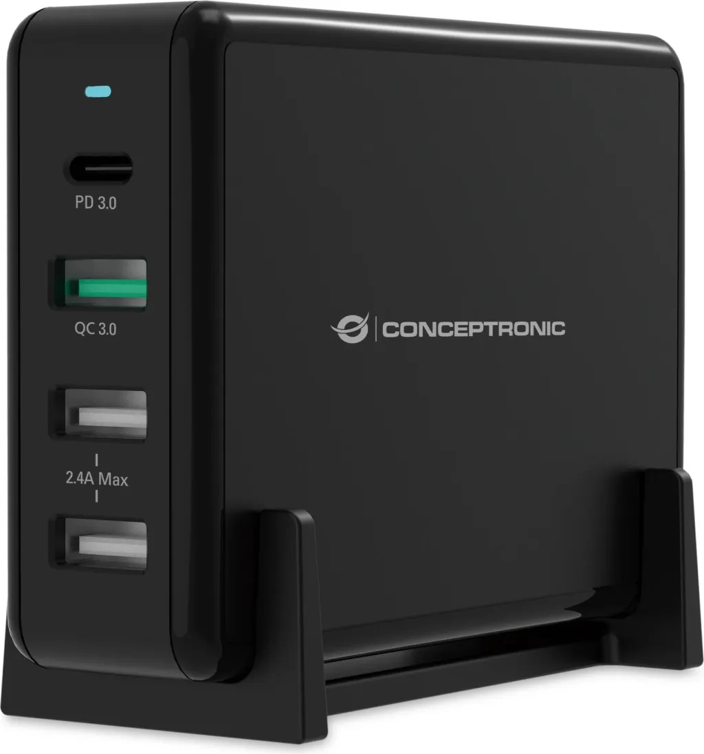 Karikues tavoline Conceptronic 4 porta, 65W, 3x USB-A, 1x USB-C, i zi - 1