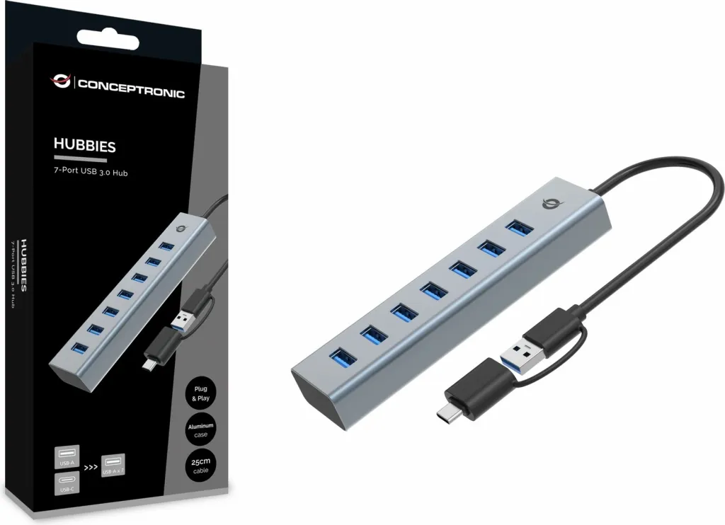 USB hub Conceptronic 7 porta, USB 3.0/USB-C, gri - 3