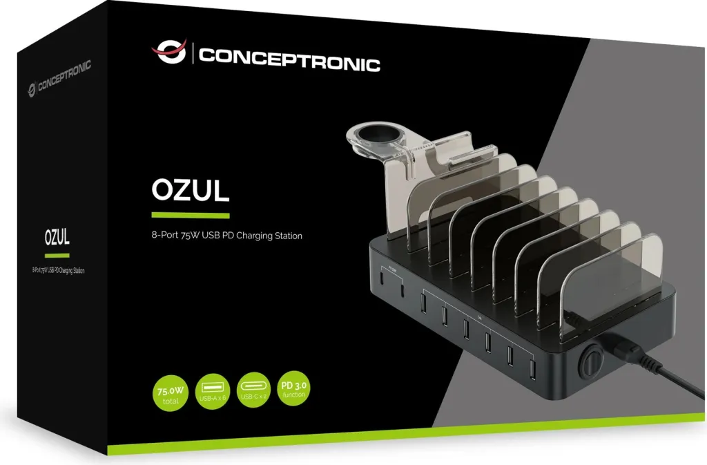 Stacion karikimi Conceptronic 8 porta, 6x USB-A, 2x USB-C, 75W, i zi - 3