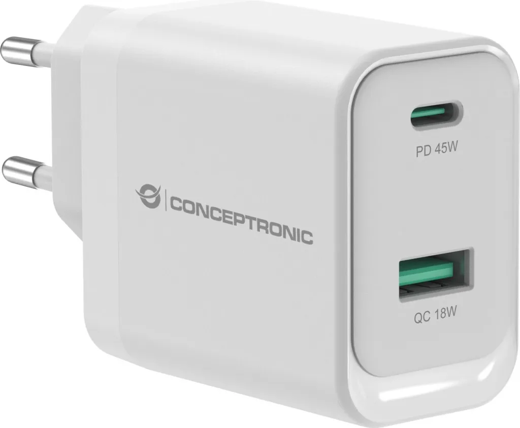 Karikues Conceptronic 2Port GaN USB-C/USB-A 45WPD3.0/PPS i bardhë - 1