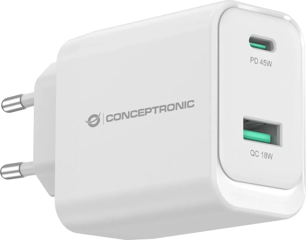 Karikues Conceptronic 2Port GaN USB-C/USB-A 45WPD3.0/PPS i bardhë - 2