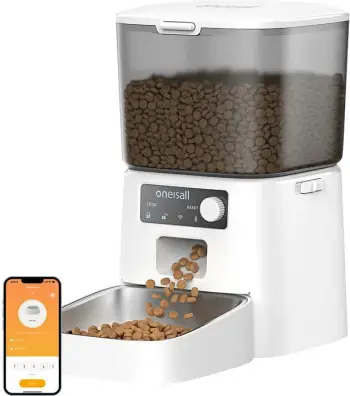 Dispenser ushqimi automatik i mençur, Oneisall, PFD001 Pro, 1.2 kg, deri 6 vakte/36 porcione, rrymë + bateri, i bardhë