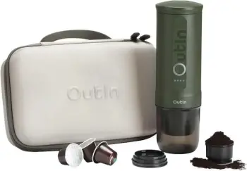 Aparat kafeje portativ espresso, OUTIN Nano A000011, 7500 mAh, 20 bar, 80 ml, kompatibil me kapsula Nespresso dhe kafe të bluar, i gjelbër, set me kuti mbrojtëse