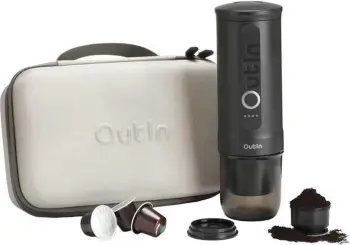 Aparat ekspreso portabël, OUTIN Nano A000010, bateri 7500 mAh, 20 bar, 50–80 ml, për kafe pluhur dhe kapsula Nespresso, gri, set me kuti mbrojtëse