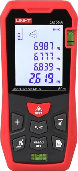 Matës distance me lazer UNI-T LM50A 50 m ekran 2\" memorie 99 matje me këllëf i kuq/zi