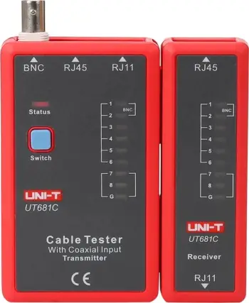 Testues kabllosh UNI-T UT681C RJ45/RJ11/BNC, LED, testim ekranimi, bateri 9V, e kuqe-gri set transmetues+marrës