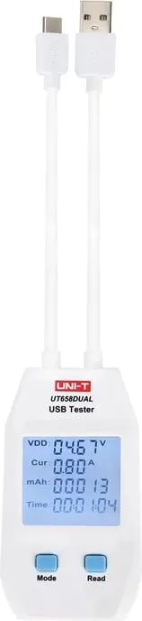 Testues USB, UNI-T UT658DUAL, Type-A & Type-C, 4-24V deri 5A, memorizim 10 setesh, e bardhë - 1
