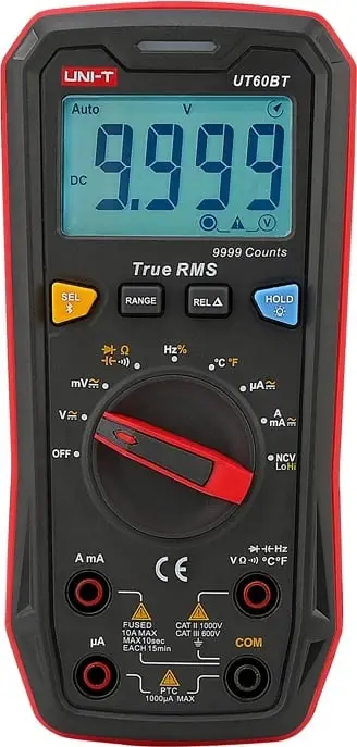 Multimetër dixhital me Bluetooth, UNI-T UT60BT, True RMS 9999 counts, AC/DC 1000 V, 10 A, temperaturë deri 1000°C, CAT II 1000 V / CAT III 600 V, e kuqe/zezë