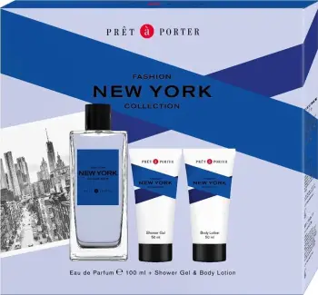Set Eau de Parfum për meshkuj Coty Pret A Porter York, 100ml + balsam trupi 50ml + xhel dushi 50ml
