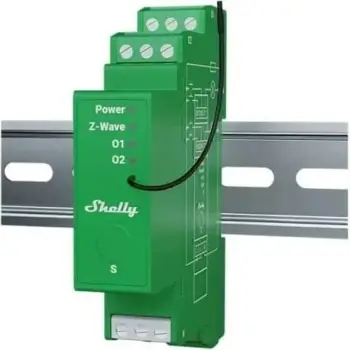 Dimmer Shelly Wave Pro 2PM, 2 kanale, wireless Z-Wave, për LED/halogjen, montim në shinë DIN, Gjelbër