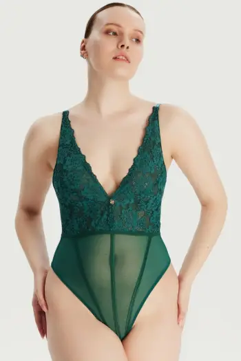 Bodysuit Jumeon, Helena Plunge, pa tela teli, ngjyrë smeraldi