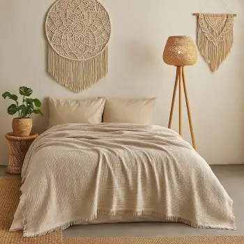 Përparëse dopio për shtrat, muslin pambuku, ngjyrë kapuçino, 200x220cm