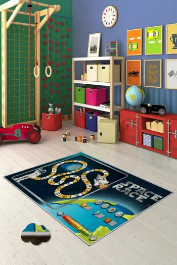 Qilim shumëngjyrësh për fëmijë, dizajn Space Race, 120x180cm, WOOKECE087