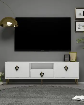 Komodë TV Skye Decor, e bardhë, e zezë, ari, 1312-DROP-32