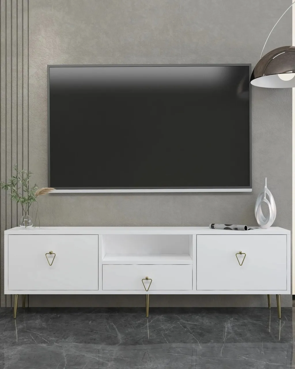 Komodë për TV, Skye Decor, 1306-DROP-1, e bardhë, e artë - 1