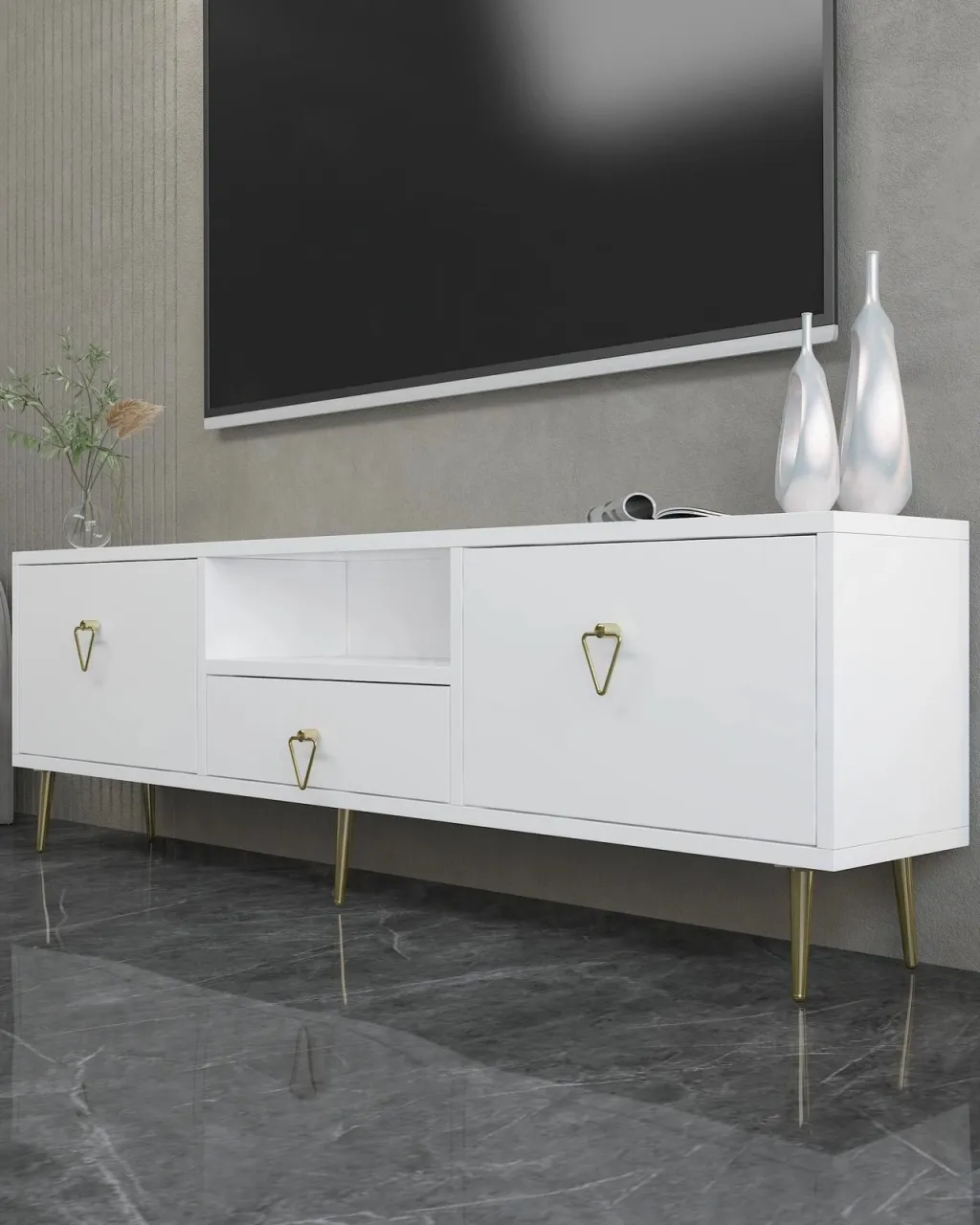 Komodë për TV, Skye Decor, 1306-DROP-1, e bardhë, e artë - 2