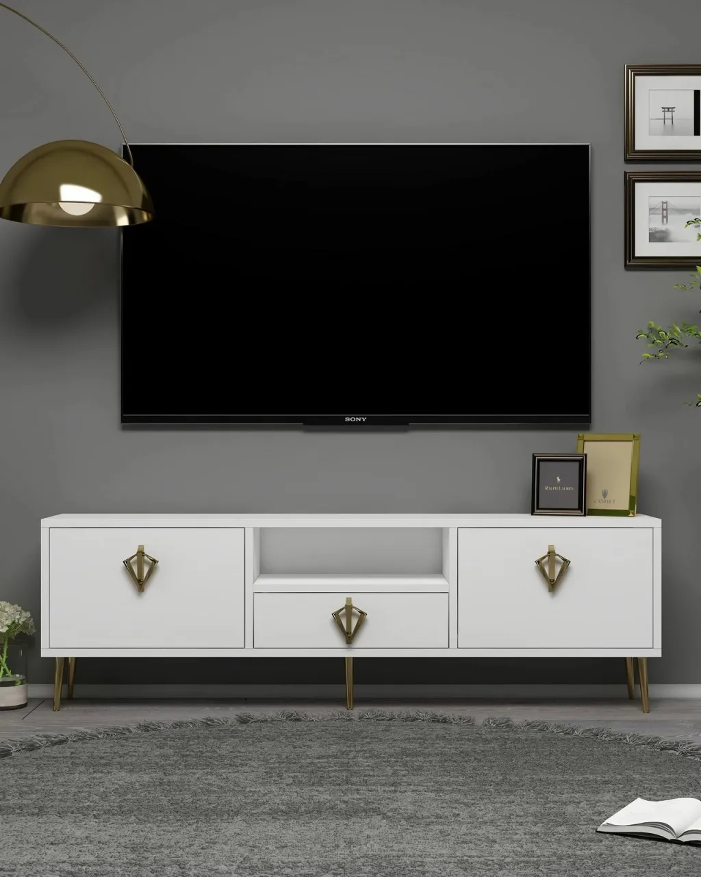 Komodë TV Skye Decor, e bardhë, e artë, 1313-DROP-32 - 1