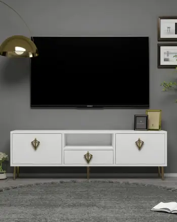 Komodë TV Skye Decor, e bardhë, e artë, 1313-DROP-32