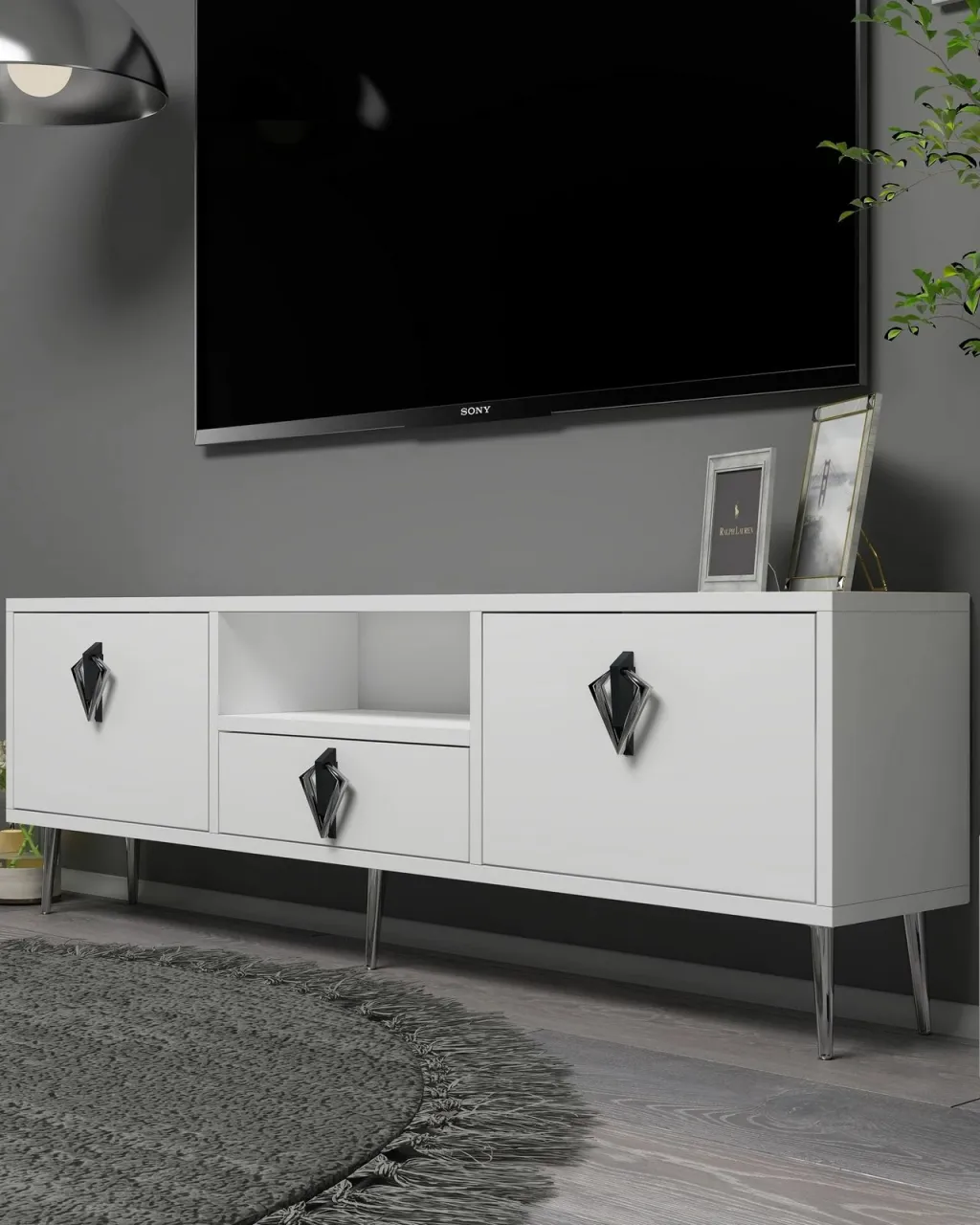 Komodë TV Skye Decor, 1311-DROP-32, e bardhë, e zezë, argjend - 2