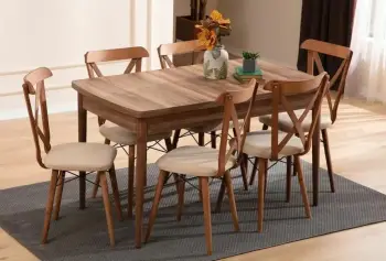 Tavolinë me karrige, set 7 pjesësh, ngjyrë kafe, Skye Decor Cenova, tavolinë e zgjatshme