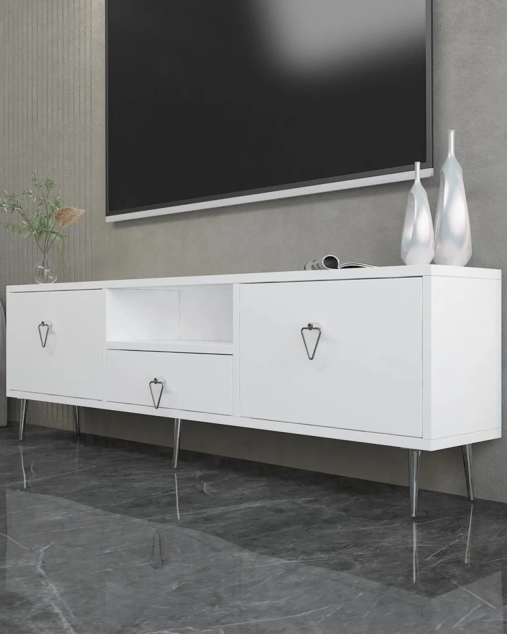 Komodë TV Skye Decor, 1306-DROP-1, e bardhë, argjend - 2